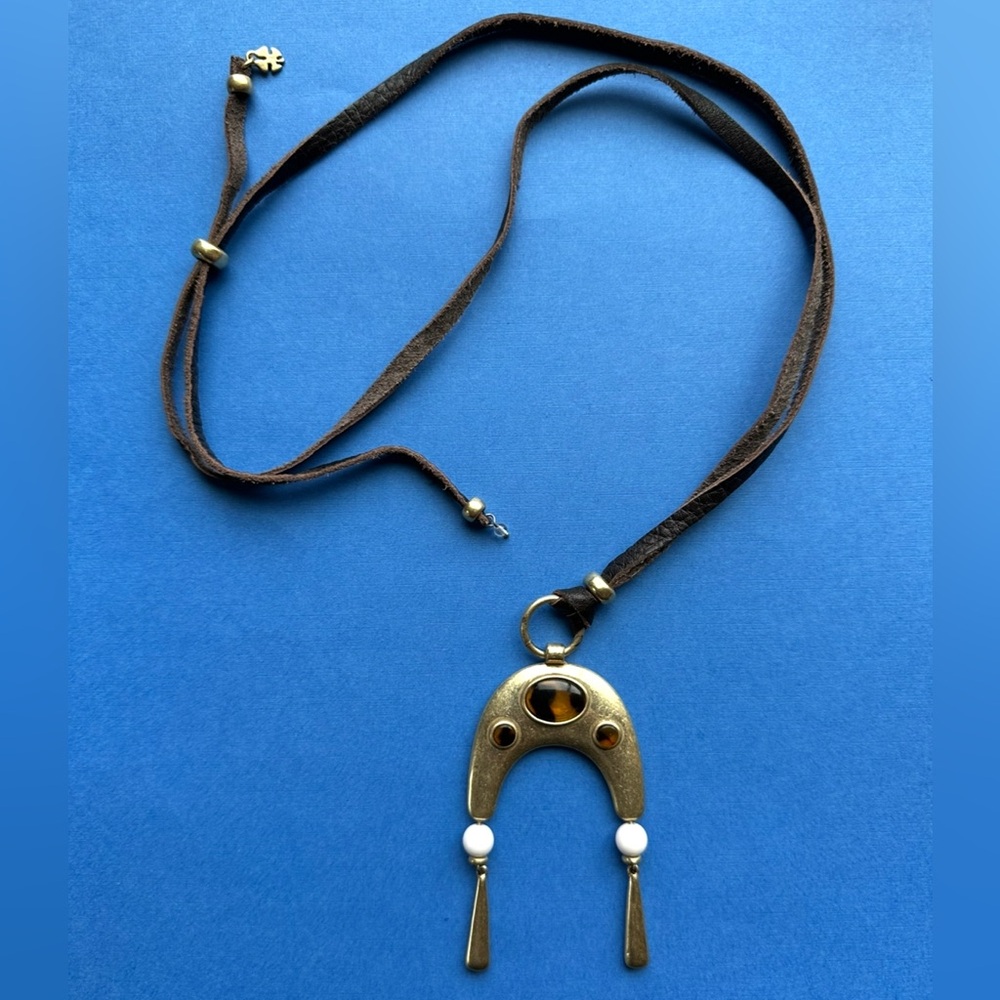 Lucky Brand Necklace Faux Tortoise Leather Adjustable Cord Sculptural Pendant